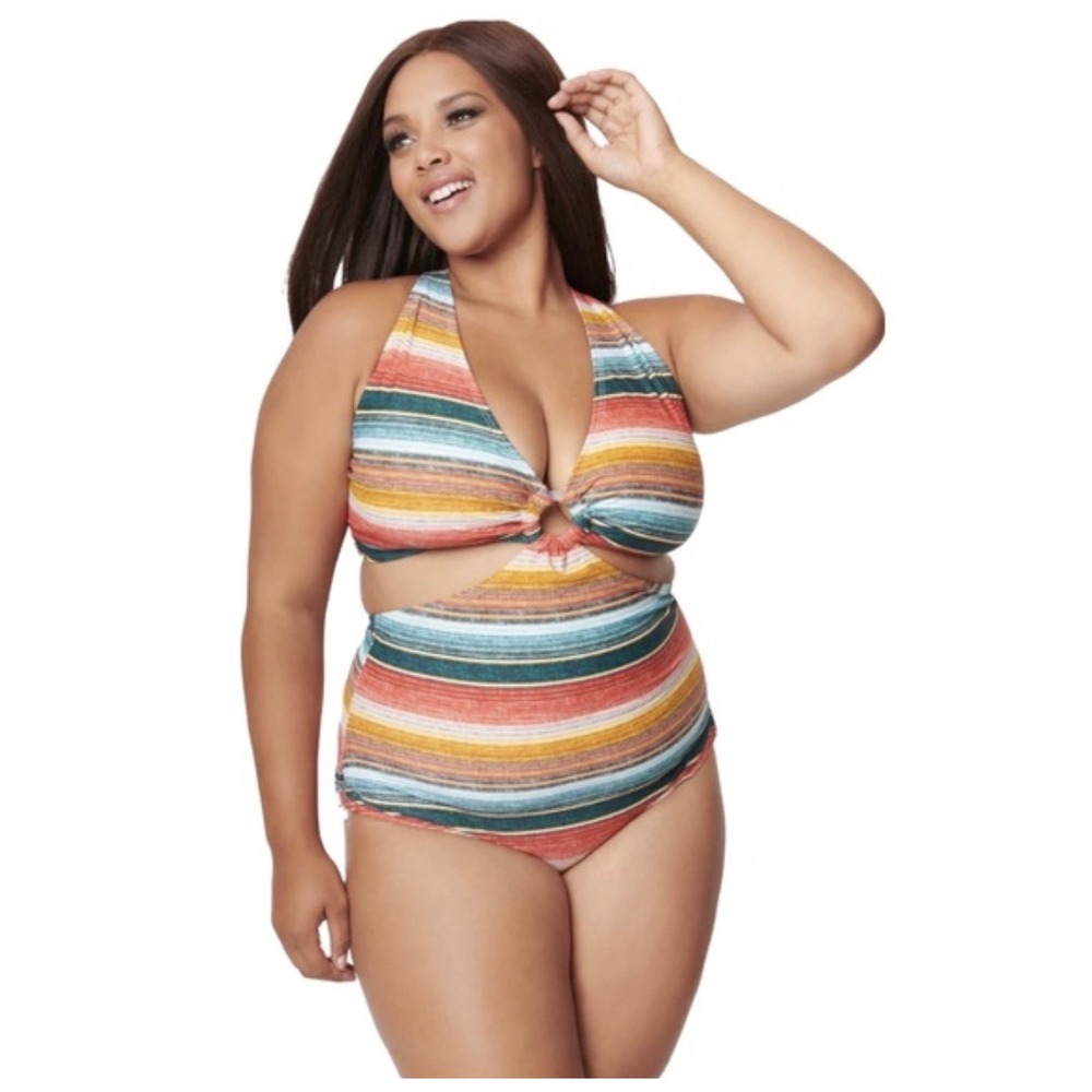 Unique Vintage Swim Multicolor Striped Cutout One Piece Swim Retro Ring Detail L